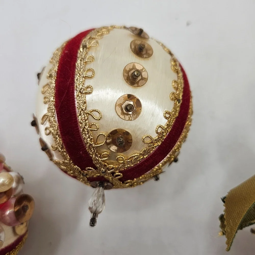 Vintage Lot of 4 Handmade Satin Sequin Beaded Christmas Ball Ornaments